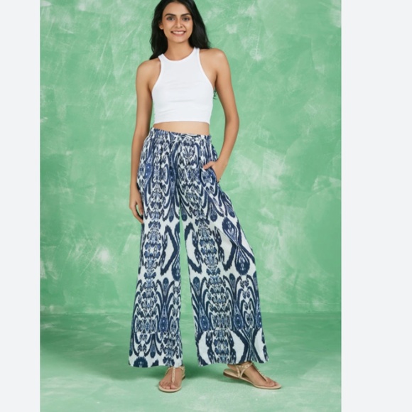 Ro's Garden Nico pant pants blue floral lightweight drawstring elastic Large L - Picture 3 of 3